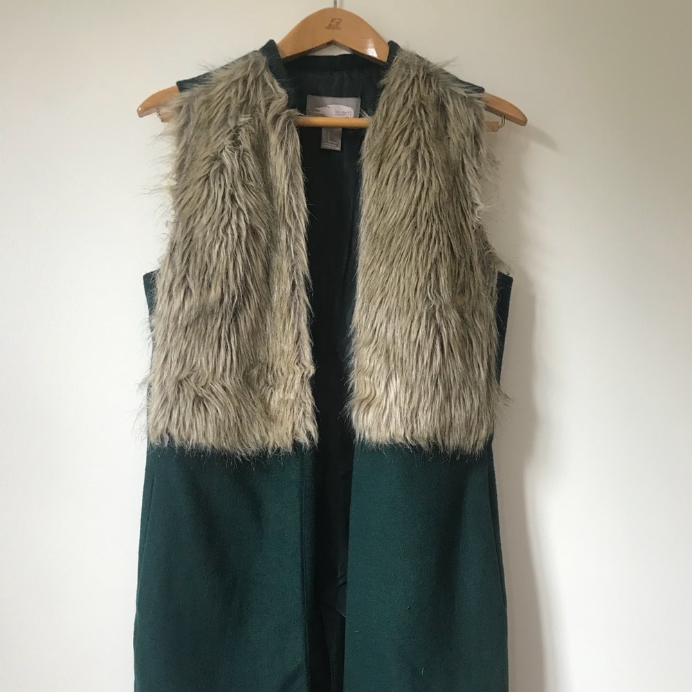 Long Wool Vest with Faux Fur Front - Small